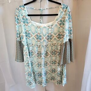 Umgee Womens Top Large Blue Babydoll Whimsical Fairy Square Neck Peasant 16582x